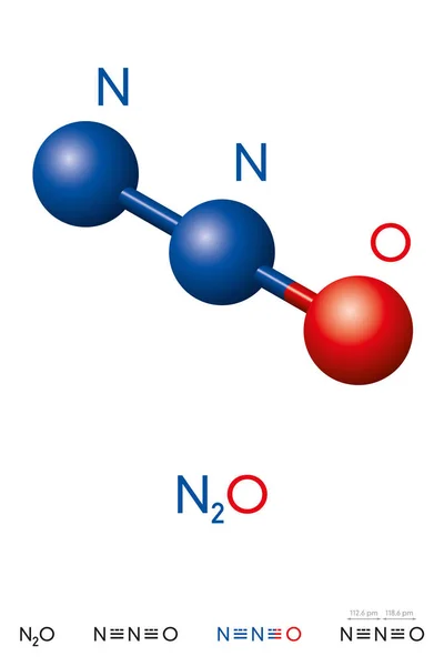 Νιτρώδες οξείδιο, N2o, αέριο γέλιου, μοριακό μοντέλο και τύπος — Διανυσματικό Αρχείο