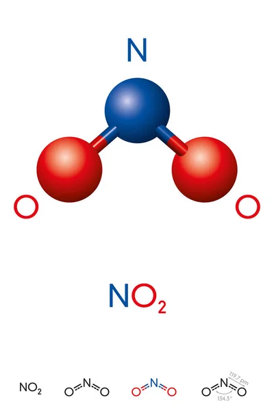 二氧化氮、二氧化氮、分子模型和化学式 — 图库矢量图片