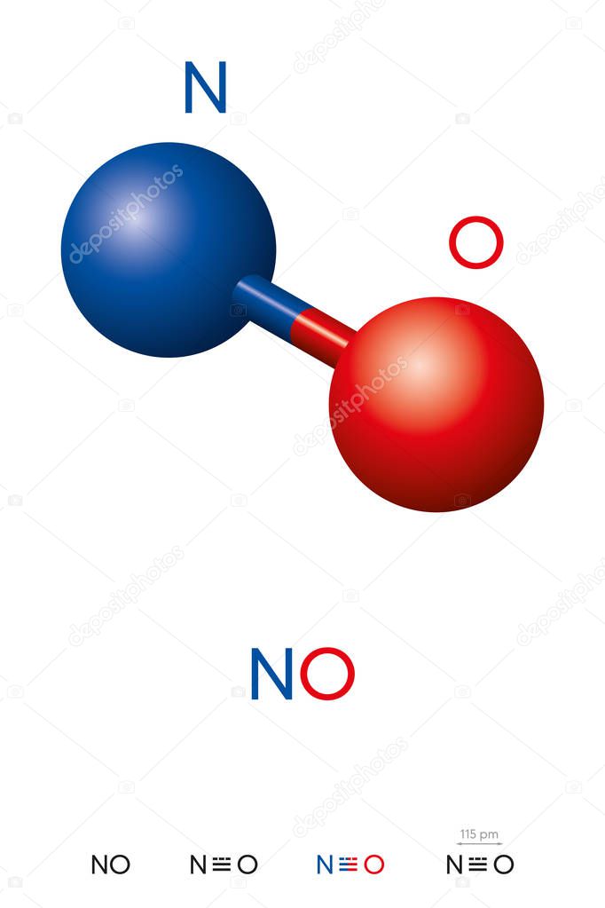 Nitric oxide, NO, molecule model and chemical formula