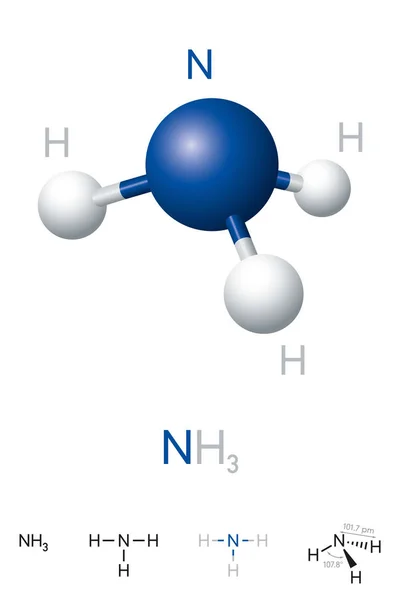 Аммиак, NH3, молекулярная модель и химическая формула — стоковый вектор