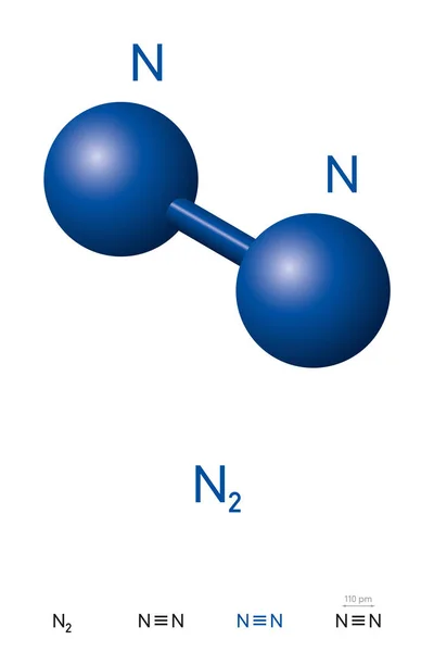 Nitrogen, N2, dinitrogen molecule model and chemical formula — Stock Vector