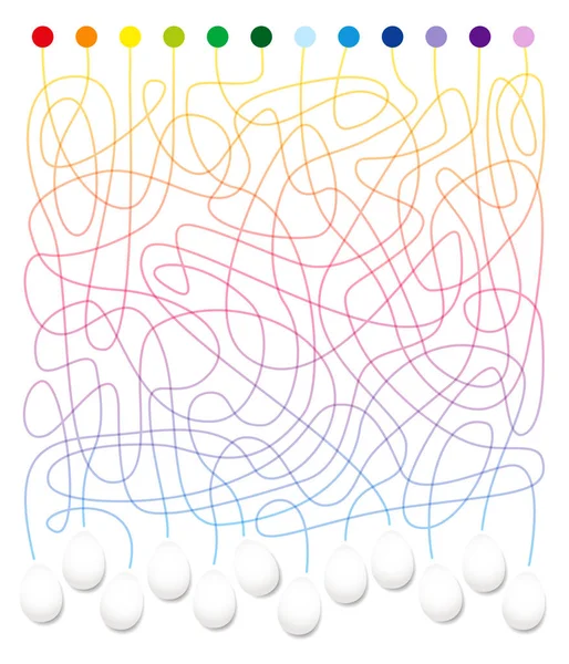 Osterei-Labyrinth - die farbigen Punkte mit den Eiern verbinden und färben. Lustiges Labyrinthspiel für Kinder. Vektor-Illustration auf weißem Hintergrund. — Stockvektor