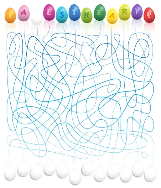 Easter egg labyrinth - connect the colored easter egg letters with the white eggs to write HAPPY EASTER. Funny labyrinth game for children. Vector illustration on white background. — Stock Vector