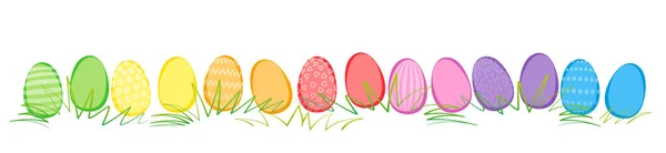 Easter eggs, comic style, in a row with different colors and patterns. Rainbow colored isolated vector illustration on white background. — ストックベクタ