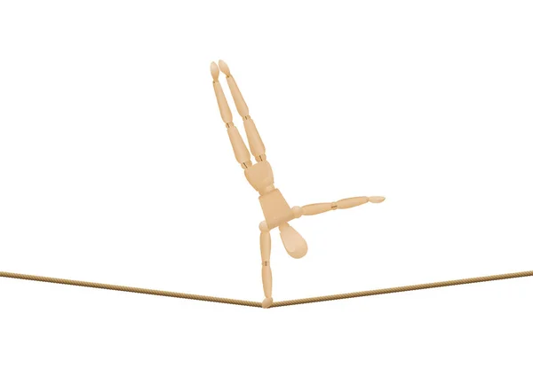 Tightrope walker making handstand with one hand. Balancing athletic wooden mannequin, lay figure, on a long rope. Isolated vector illustration on white background. — Stockvector