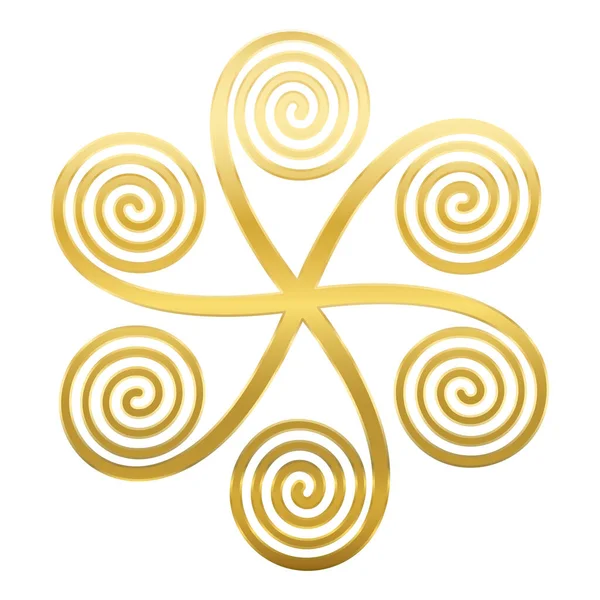 Golden star shaped symbol with six linear arithmetic spirals, made of Archimedean spirals, connected in a centre, appearing to rotate clockwise. Vector illustration on white background. — 스톡 벡터