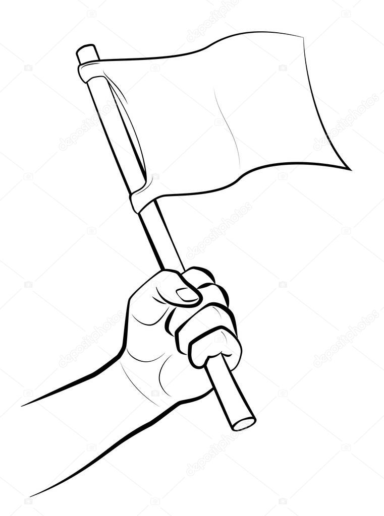 Waving white flag. Male hand with symbol or signal for surrender, capitulation, conceding victory or offering peace. Isolated comic vector illustration on white.