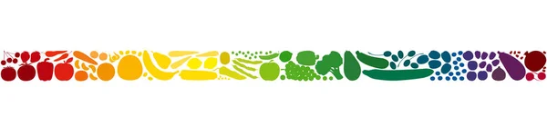Πολύχρωμα φρούτα και λαχανικά σε μια πολύχρωμη σειρά. Απρόσκοπτη επεκτάσιμη οριζόντια λωρίδα. Μεμονωμένη διανυσματική απεικόνιση σε λευκό φόντο. — Διανυσματικό Αρχείο