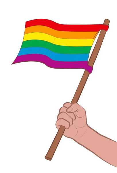 Trotse vlag wapperend. Mannelijke hand met regenboog gekleurde lgbt symbool voor homo bevrijding beweging en parades. Geïsoleerde stripvector illustratie op witte achtergrond. — Stockvector