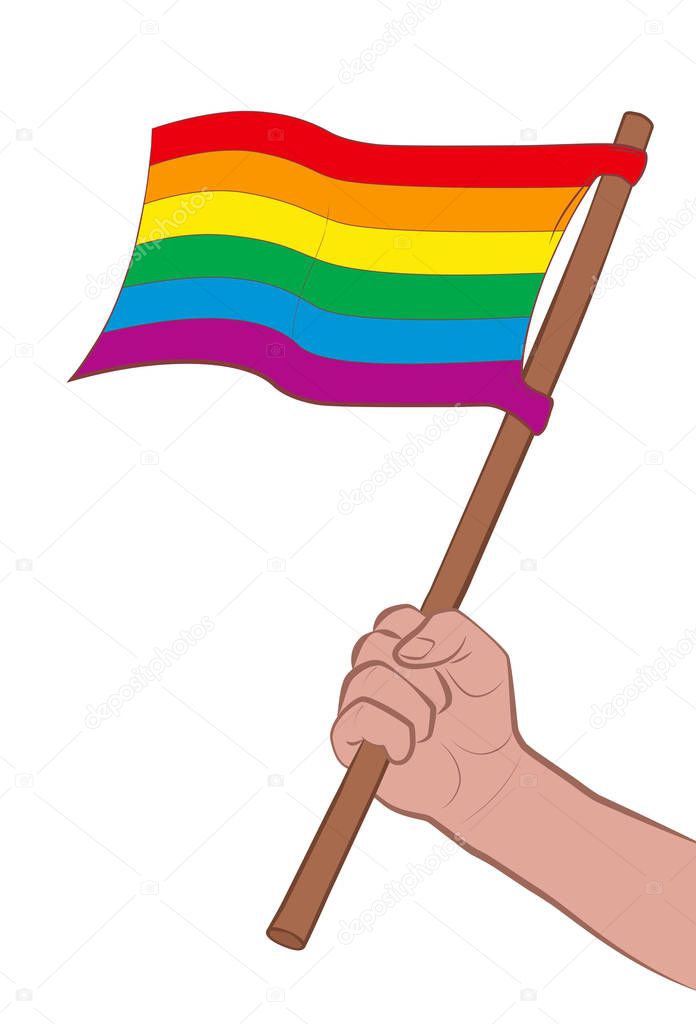 Pride flag waving. Male hand with rainbow colored lgbt symbol for gay liberation movement and parades. Isolated comic vector illustration on white background.