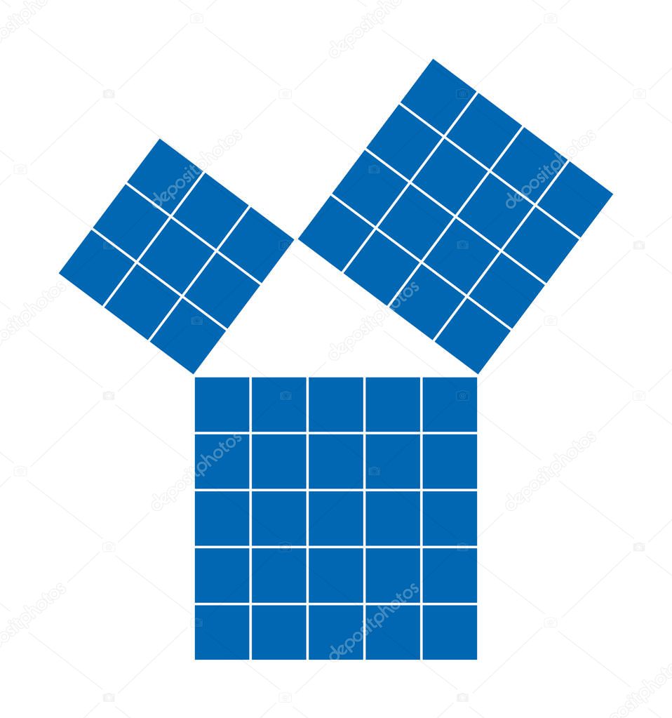 Pythagorean theorem shown with subdivided blue squares. Pythagoras theorem. Relation of sides of right triangle. The smaller squares together have the same area than the big one. Illustration. Vector.