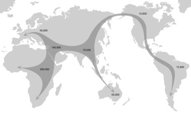 İnsanoğlunun 2000 yıl önce Afrika 'dan yayılması genişleme yolları ve kıtalara yerleşmeleri ile başladı. İlk insan göçü dünya haritası. Basitleştirilmiş grafik.