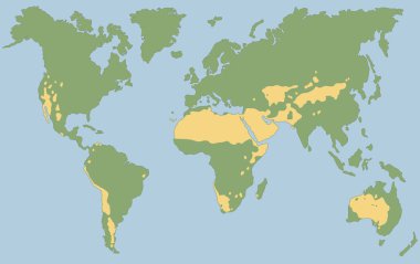 Sahra, Gobi, Kalahari, Arap, Patagonya ve Büyük Havza Çölü gibi dünyanın en büyük çölleri. Sarı çöl iklimli küresel harita. Vektör illüstrasyonu.