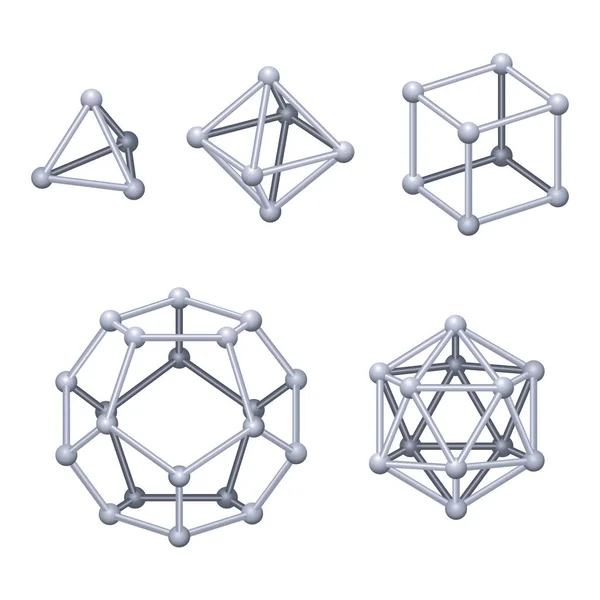 灰色のプラトニック固体3D 三次元空間の正凸多面体で 各頂点で同じ数の同じ面が集まる 白い背景に孤立したイラスト ベクトル — ストックベクタ