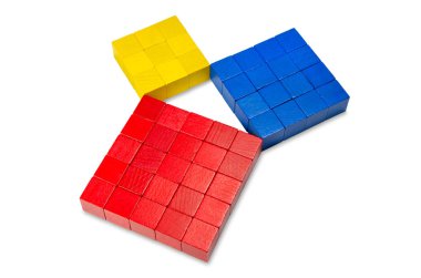 Pythagorean theorem shown with colorful wooden cubes, side view. Pythagoras theorem. Relation of sides of a right triangle. The two smaller squares together have the same area than the big one. Photo. clipart