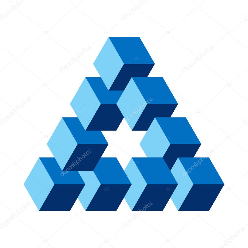 Reutersvard optical illusion, blue colored. Impossible object. Created by following the concept of a Penrose triangle, shown with blue cube shapes. Isolated illustration on white background. Vector.