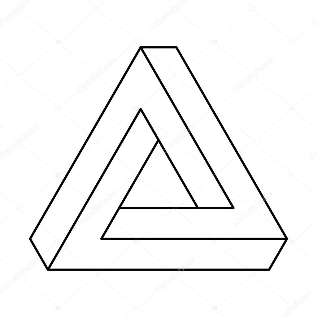 Penrose triangle, optical illusion, black outlines. Penrose tribar, an impossible object, appears to be a solid object, made of three straight bars. Isolated illustration on white background. Vector.