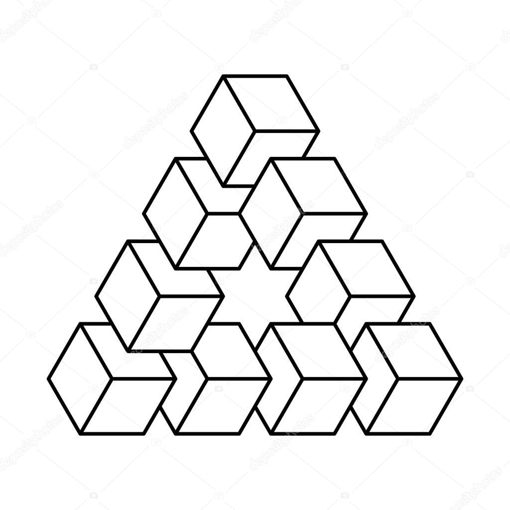 Reutersvard optical illusion, black outlines. Impossible object. Created by following the concept of a Penrose triangle, shown with black contours. Isolated illustration on white background. Vector.