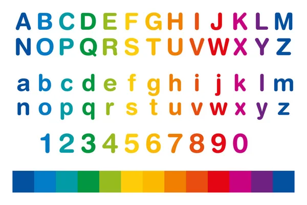 Rainbow Colored Alphabet Numbers Row Standard Set Letters Upper Lower — Stock Vector