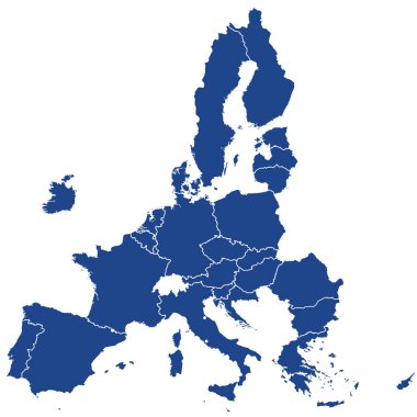 Brexit 'ten sonra Avrupa Birliği üye ülkeleri, mavi siluetler. Birleşik Krallık 'ın 2020 yılında ayrılmasından sonra 27 AB üye ülkesi. Özel üye ülke bölgeleri gösterilmiyor. Beyazın yerine illüstrasyon. Vektör