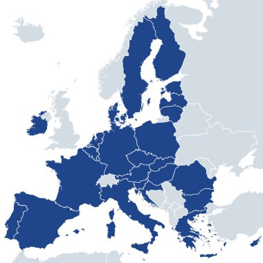 Brexit 'ten sonra Avrupa Birliği üye ülkeleri, siyasi harita. Birleşik Krallık 'ın 2020 yılında ayrılmasından sonra 27 AB üye ülkesi. Haritada özel üye ülke bölgeleri yer almıyor. İllüzyon. Vektör
