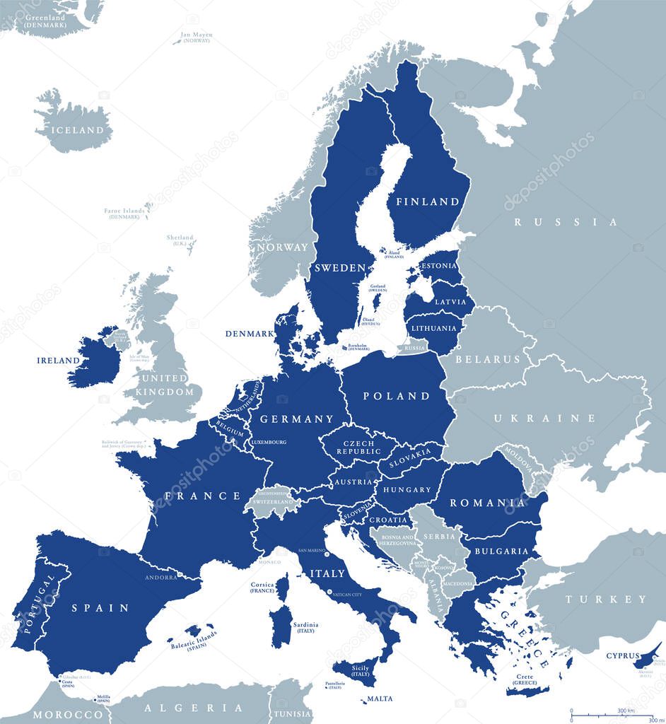 Map of European Union member states after Brexit, English labeling. 27 EU member states, after United Kingdom left. Special member state territories are not included in the map. Illustration. Vector.