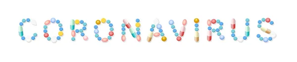 Coronavirus Letters Samengesteld Uit Verschillende Pillen Tabletten Capsules Geïsoleerde Vectorillustratie — Stockvector