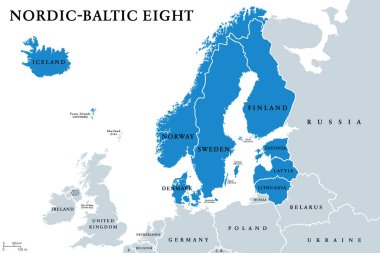 Nordic-Baltic Eight (NB8) üye ülkeleri siyasi harita. Danimarka, Estonya, Finlandiya, İzlanda, Letonya, Litvanya, Norveç ve İsveç 