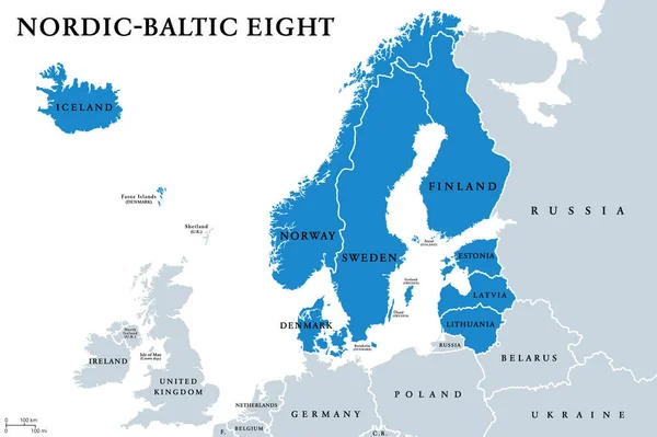 Nórdico Báltico Ocho Nb8 Estados Miembros Mapa Político Formato Cooperación — Vector de stock