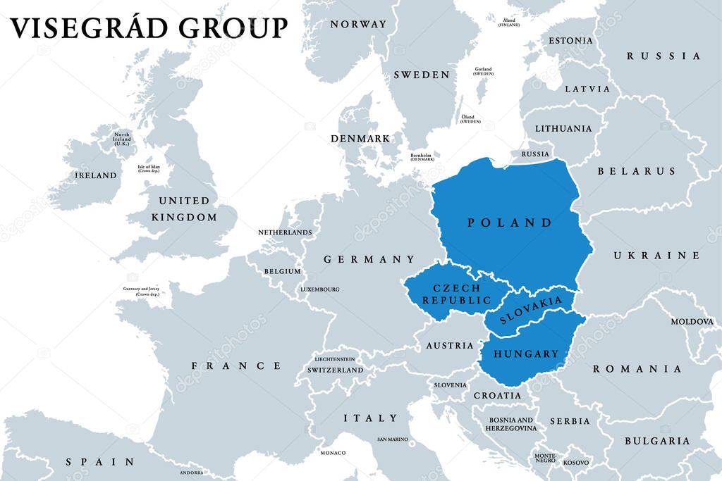 Visegrd Group member states political map. Visegrd Four, V4. Cultural and political alliance of Central European countries Czech Republic, Hungary, Poland and Slovakia. English. Illustration. Vector