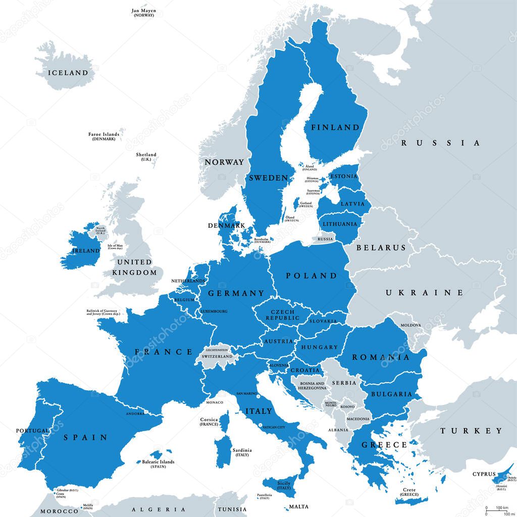 Political map of European Union member states. 27 EU member states, after United Kingdom left. Special member state territories are not included. Blue and gray illustration, English labeling. Vector.