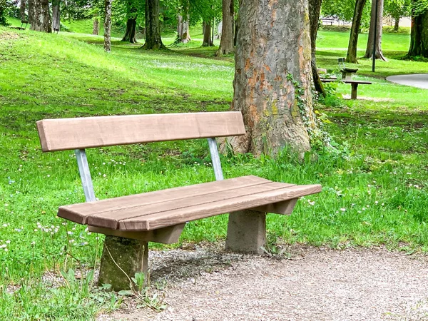 Empty wooden park bench in a city park in summer. Long seat on which multiple people can sit at the same time, made of wood. Minnesheimpark. Green public park in Obergnigl, Salzburg, Austria, Europe. Photo.