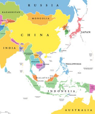 Doğu Asya, tek devletler, politik harita. Tüm ülkeler farklı renklerde, ulusal sınırları olan, İngiliz ülke isimleriyle etiketlenmiş. Asya kıtasının doğu kesiminde. İllüzyon. Vektör.