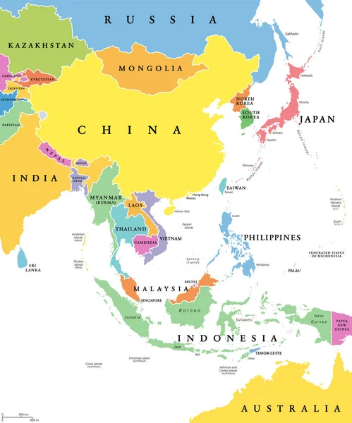 单个国家 政治地图 所有有国家边界的不同颜色的国家都贴上了英文名字的标签 亚洲大陆的东部次区域 — 图库矢量图片