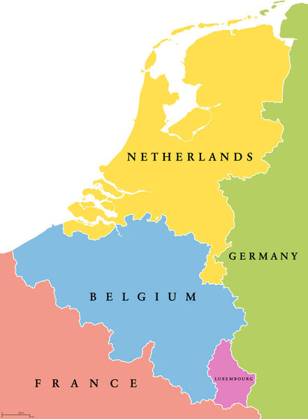 Benelux single states political map. Region formed by the countries Belgium, Netherlands and Luxembourg. The name Benelux comes from the first letters of the countries. Illustration over white. Vector
