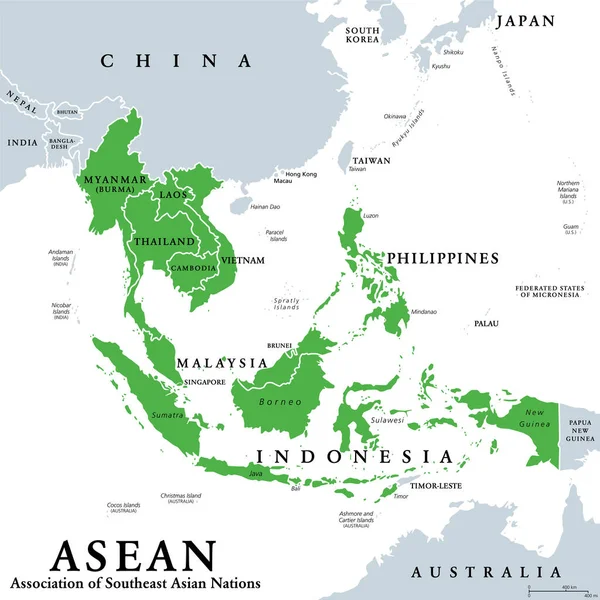 Estados Miembros Asean Mapa Político Asociación Naciones Del Sudeste Asiático — Archivo Imágenes Vectoriales