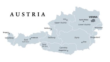 Avusturya, gri renkli siyasi harita, başkent Viyana, dokuz federal devlet, başkentler ve sınırlar. İngilizce etiketleme. Beyaz arka planda izole bir illüstrasyon. Vektör.