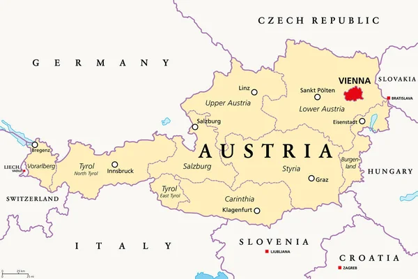 オーストリア 政治地図 首都ウィーン 9つの連合国の州とその首都と 国境や近隣諸国と 英語表記 イラスト ベクトル — ストックベクタ