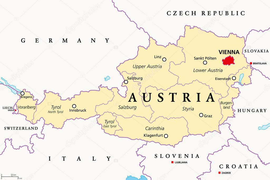 austria mapa político con la capital viena nueve estados federados y