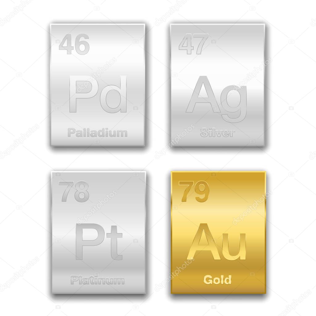 Gold, silver, platinum, palladium on periodic table. Precious metals, chemical elements with a high economic value. Symbols and atomic numbers, golden and silver vector illustration on white.