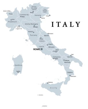 Italy, gray political map with administrative divisions. Italian Republic with capital Rome, 20 regions, their borders and capitals. English labeling. Isolated illustration on white background. Vector clipart
