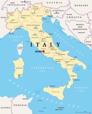 İtalya, siyasi harita, idari bölümler. Roma 'nın başkenti, 20 bölgesi, başkentleri, uluslararası sınırları ve komşu ülkeleri olan İtalya Cumhuriyeti. İngilizce etiketleme. İllüzyon. Vektör.