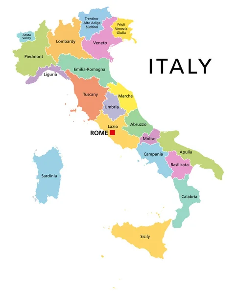 Ιταλία Πολιτικός Χάρτης Πολύχρωμα Διοικητικά Τμήματα Ιταλική Δημοκρατία Πρωτεύουσα Ρώμη — Διανυσματικό Αρχείο