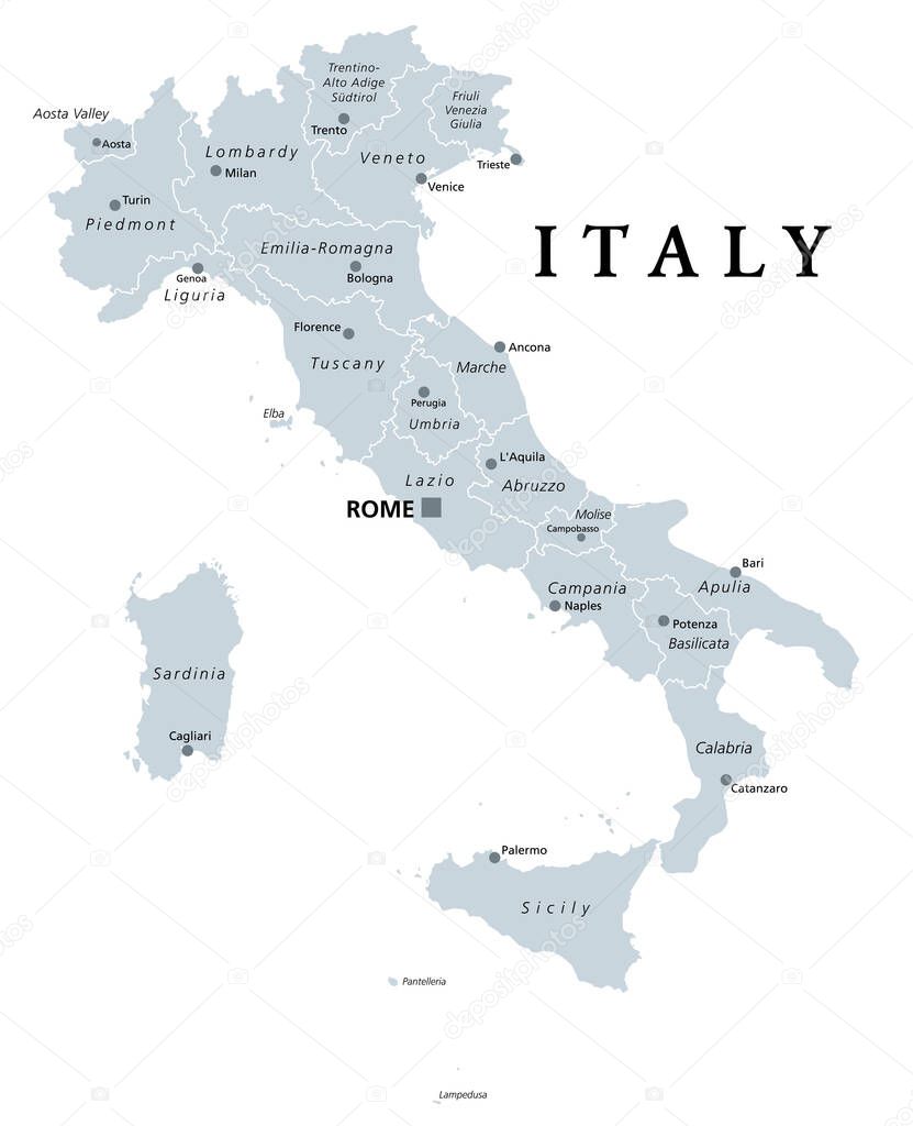 Italy, gray political map with administrative divisions. Italian Republic with capital Rome, 20 regions, their borders and capitals. English labeling. Isolated illustration on white background. Vector