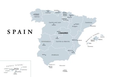 Spain, gray political map with administrative divisions. Kingdom of Spain with the capital Madrid, the autonomous communities, borders and capitals. English labeling. Illustration over white. Vector. clipart
