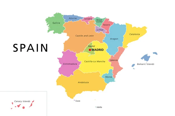 Политическая Карта Испании Цветными Административными Единицами Королевство Испания Столицей Мадридом — стоковый вектор