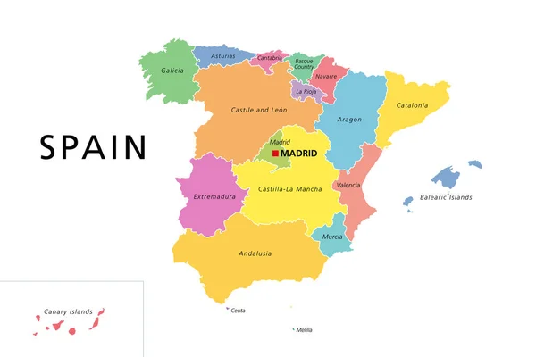 色の行政区画とスペインの政治地図 首都マドリードと自治体とスペイン王国 英語表記 白い背景に孤立したイラスト ベクトル — ストックベクタ