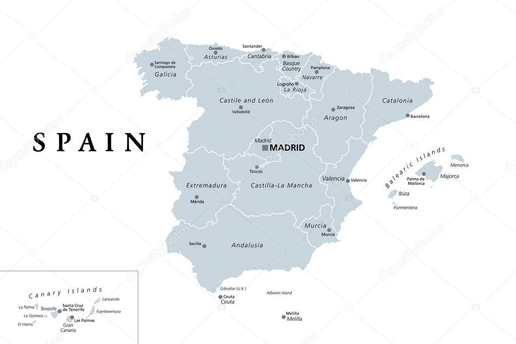 Spain, gray political map with administrative divisions. Kingdom of Spain with the capital Madrid, the autonomous communities, borders and capitals. English labeling. Illustration over white. Vector.