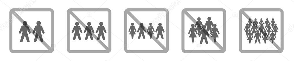 Prohibition of assembly symbols for two, three, four, five or more people. Social distancing - ban on gathering - Isolated vector illustration on white background.