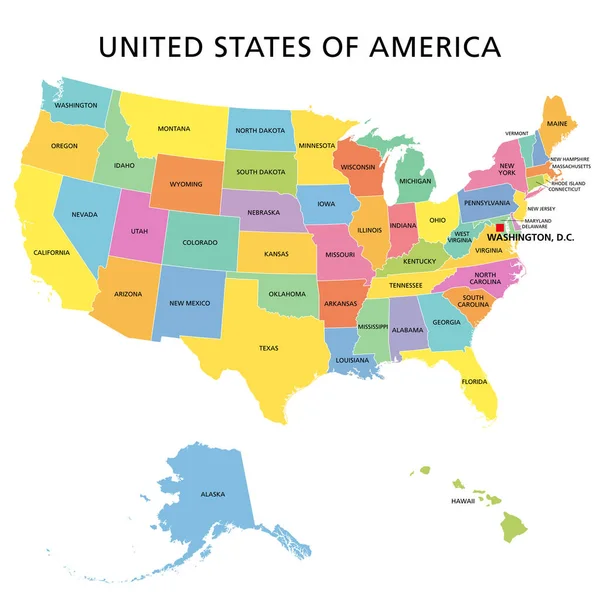Amerika Birleşik Devletleri Çok Renkli Politik Harita Kendi Coğrafi Bölgeleri — Stok Vektör